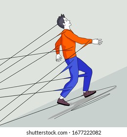 A Man Trying To Walk Away But Being Held Back By Strings Attached To Him. People Vector Illustration Concept.