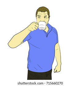 A man in a T-shirt is drinking coffee.