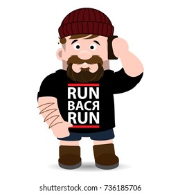Man in T-shirt and hat with phone. Rapper. Vector illustrations isolated on white background.