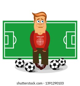 A man in a T-shirt with the inscription Target stands on the background of a football field surrounded by soccer balls. Cartoon character. Vector illustration