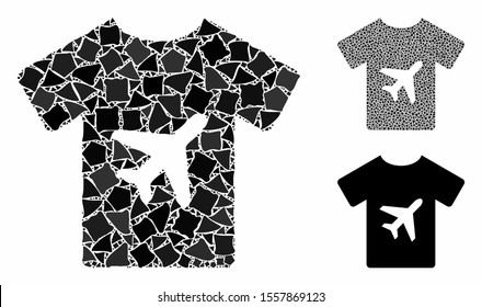Man T-shirt mosaic of raggy parts in different sizes and color tinges, based on man T-shirt icon. Vector ragged parts are organized into mosaic. Man T-shirt icons collage with dotted pattern.