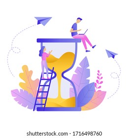 A man in a T-shirt and pants sits on an hourglass and works on her laptop of business processes, on the background of leaves, paper airplanes.  Flat vector.