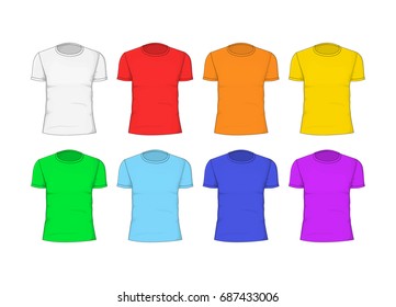 Man T-shirt Set Empty Color Rainbow Cotton Clothing Front View. Classic Garment Vector illustration