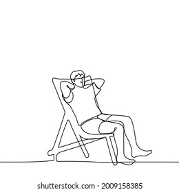 man in T  shirt   short shorts sits in chaise lounge and his head resting the back his head and his palms    one line drawing  summer vacation by the sea by the pool 