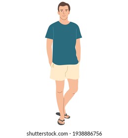 A man in a T-shirt and shorts stands tall. Front view. Flat vector illustration.