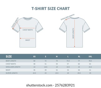 An Man T-shirt Size Guide Chart. Vector illustration of Silhouette Front and Back View Measurement Concept