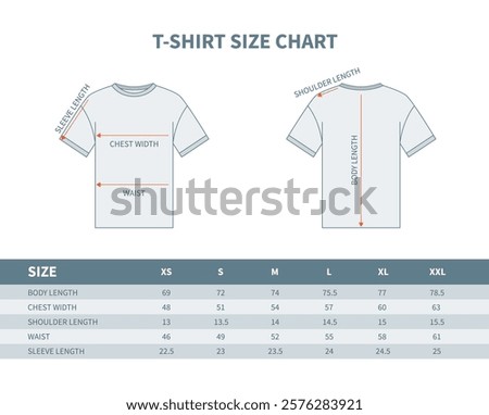 An Man T-shirt Size Guide Chart. Vector illustration of Silhouette Front and Back View Measurement Concept