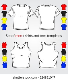 Man t-shirt  and tee in various colors, simple vector template for your design, back and front views