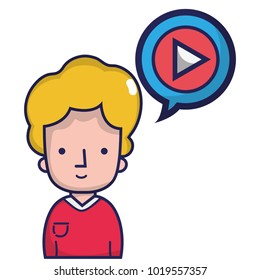 man with t-shirt and video inside chat bubble