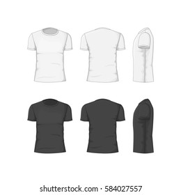 Man T-shirt White and Black Cotton Clothing Front, Back and Side View. Classic Garment Vector illustration