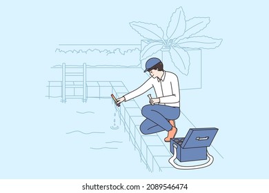 Man with tubes check balance ph level in swimming pool with test stipes. Male worker or employee manage maintain aquarium. Maintenance or cleaning service concept. Flat vector illustration. 