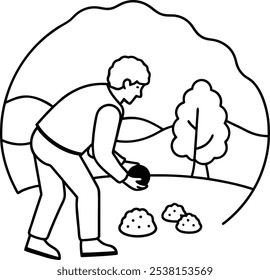 A man tuffle hunting line art and outline vector design. Cartoon isolated Lagotto Romagnolo dog hunting for truffle tubers, packaging with organic aroma product for cooking, fungi cut in half.