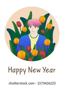 The man in the tulip grove flat line vector illustration,New Year's card, male characters