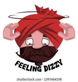 Man with turban is feeling dizzy, illustration, vector on white background.