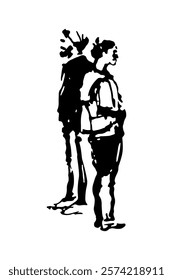 Man in a turban and a girl with a backpack looking in different directions. Full-body character. Hand-drawn sketch.