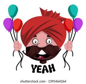 Man with turban is holding baloons, illustration, vector on white background.