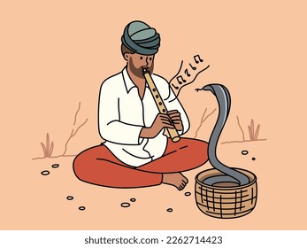 Man in turban playing on flute with cobra dancing in basket. Snake charmer play musical instrument for hypnotizing. Vector illustration. 