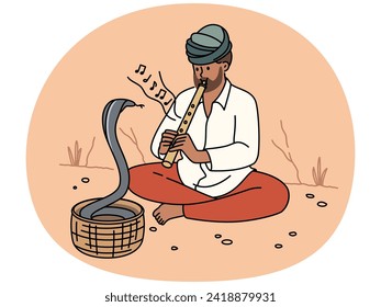 Man in turban playing on flute with cobra dancing in basket. Snake charmer play musical instrument for hypnotizing. Vector illustration.