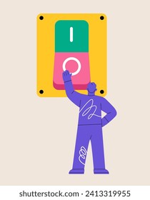 Man turn off toggle switch. Electric control. Environmental protection, ecology. Saving energy, turning off lights. Colorful vector illustration 
