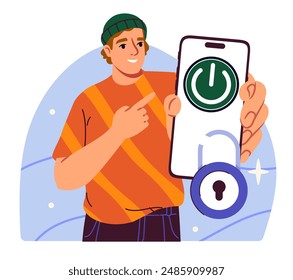 Man turn on smartphone. Young guy in trendy clothes turns on phone. Digital detox and mental health care. Quitting social networks. Flat vector illustration isolated on white background
