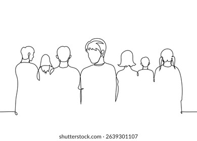 man turned around and looks straight at camera, portrait without face - one line art vector. concept one person notices among crowd of people with their backs turned. Handmade vector not AI