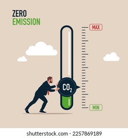 Man turning gauge arrow pointer to lowest level of CO2. New energy to energy and transportation. Zero emission. Modern vector illustration in flat style 