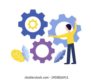 Man is turning gears. Working process, searching for ideas and solutions, business processes running, startup, studying, work motion graphics concept vector illustration.