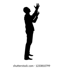 Man is turning to heaven Man up arm Appeal to god Pray concept silhouette icon black color