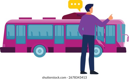 A man turning his face towards bus, talking animatedly, gesturing with hands, expressing urgency, at a bus stop or street corner