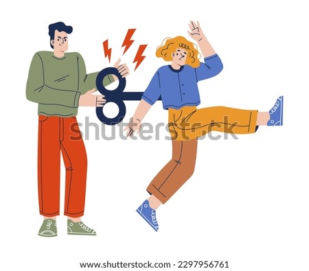 Man Turning Key at Woman Back Engaged in Manipulation and Control Vector Illustration