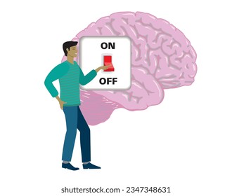 Man turning off brain. Isolted. Vector illustration.