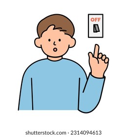 Der Mensch schaltet Licht aus, um Energie zu sparen. Umwelt, Energie und Energiesparkonzept. Cartoon Flache Vektorgrafik.