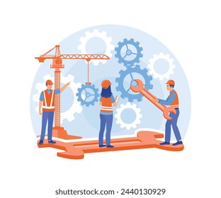 A man turns a gear using a screwdriver. Construction workers are working together on a project. Teamwork concept. Flat vector illustration.