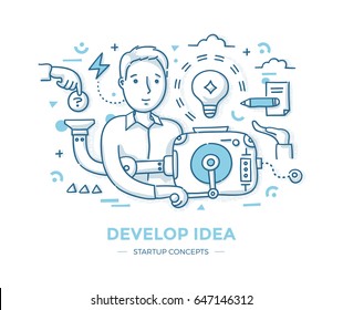 Man turns the handle of idea generator. Hand drawn line vector illustration of developing idea of new business, solving problem, creative thinking. Series of start up concepts