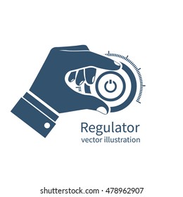 O homem gira a maçaneta. Regulador de ícones, controlador. Parâmetros ajustáveis, ajustando. Mão no botão de controle. Desenho plano de ilustração vetorial. Isolado em fundo branco.