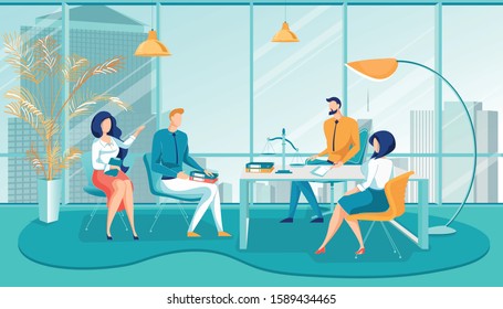 Man Turns to Law Office for Consultation on Legal Issue. Lawyers or Attorneys Advise Client and Discuss Problem, Giving Business Legal Support or Transaction Conclusion. Flat Vector Illustration.