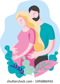 A man in a turquoise t-shirt hugs a pregnant woman in a pink dress. Happy pregnant couple in tropical plants. Vector illustration on the theme of pregnancy.