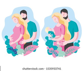 A man in a turquoise t-shirt hugs a pregnant woman in a pink dress. A happy couple with a baby in their arms.