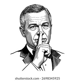 Homem em Tuxedo Shushing Silêncio Gesto Preto e Branco Contorno Linha Arte Desenho