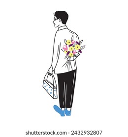 Man in tuxedo suit is standing with gift bag and hiding bouquet of flowers behind the back. Hand drawn vector sketch doodle illustration in flat cartoon style. Holiday celebrating, surprise gift.