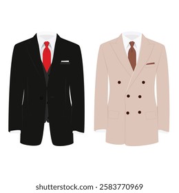 Man tuxedo suits with tie and shirt. Black suit with red tie and white shirt. Beige suit with brown tie. Isolated on white background. Vector