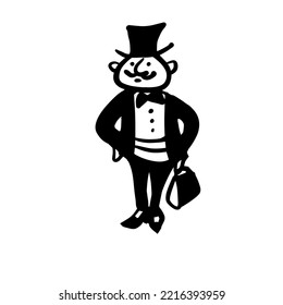 A man in a tuxedo and a tall hat. A hand-drawn funny character. Vector doodle illustration.