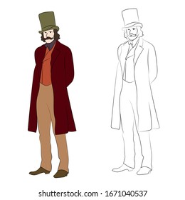 
ein Mann in einem Smoking. Mann auf dem Hut. Vektorillustration. Mann mit Schnurrbart