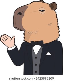 A man in a tuxedo wearing a capybara mask