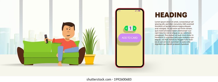 A man with a TV remote control in his hand is watching TV on the sofa. Vector banner