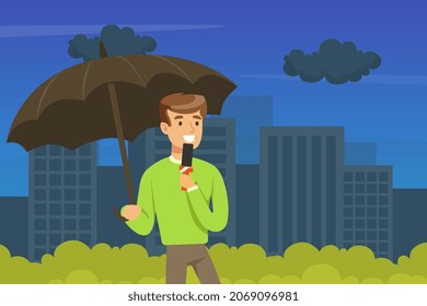 Man TV Reporter Under Umbrella Speaking Into Microphone Announcing Information Vector Illustration