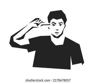 Man twists his finger at his temple. Vector black and white illustration in cut out style