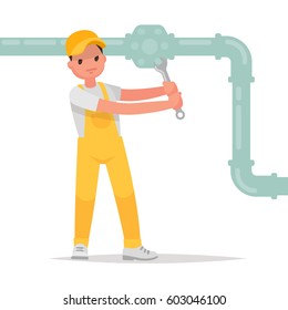 Man twists a nut with a wrench. Plumber at work. Vector illustration in a flat style