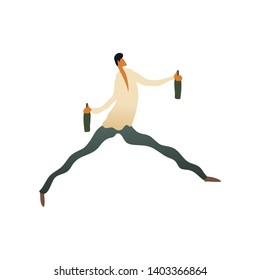 Man with two bottles in his hands in a hurry. Vector illustration on white background.