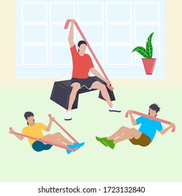 Man and two boys exercise with gymnastic ribbon - vector. Joint sports training. Parents and children. Family. Father and sons.